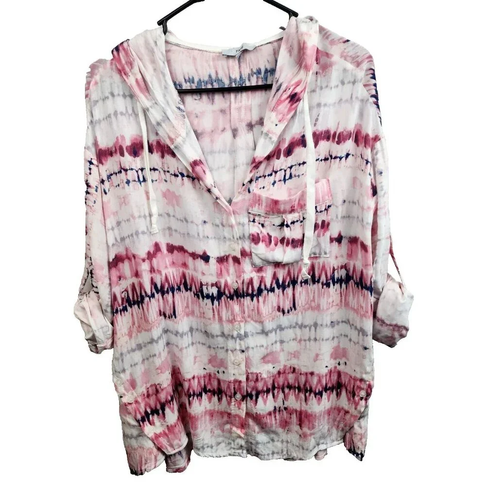 Fate Womens Oversized Hippie Hoodie Small Pink White Tie Dye‎ Button Hem